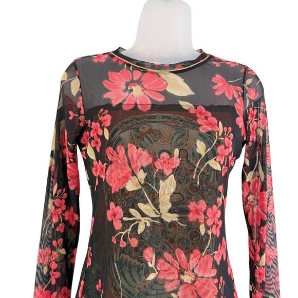 Anac by Kimi Size Medium Black Red Floral Sheer Top Artsy Fitted Romantic - Picture 2 of 9